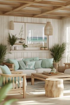 a living room filled with lots of furniture next to a wooden table and plant pots