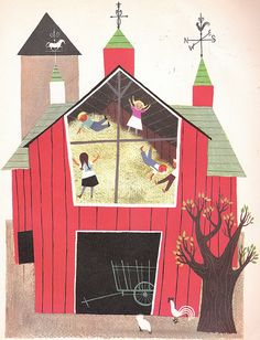 an image of a barn with children in it