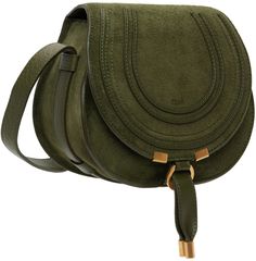 Calfskin suede shoulder bag in green. · Adjustable shoulder strap · Foldover flap with tab-slot fastening · Patch pocket at interior · Twill lining · Gold-tone hardware · H5 x W5.5 x D2.5 in Supplier color: Deep olive Chloe Clothing, Chloe Marcie, Saddle Bag, Green Bag, Luxury Streetwear, Saddle Bags, Patch Pocket, Saddle, Olive Green