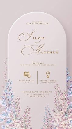 the wedding stationery is designed to look like an arch with flowers and leaves on it