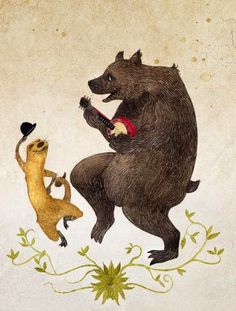 an illustration of two bears playing the guitar and singing to another bear that is eating something