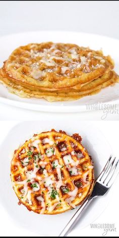 two different types of waffles on white plates