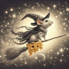 a mouse is sitting on top of a piece of cheese and wearing a witches hat