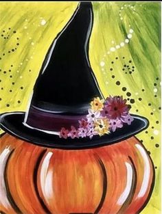 a painting of a witch's hat with flowers in it