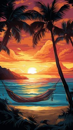 a painting of a hammock between two palm trees on the beach at sunset