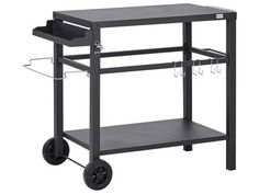 a black cart with two shelves on wheels and an open shelf for hanging utensils