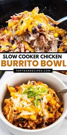 slow cooker chicken burrito bowl with text overlay