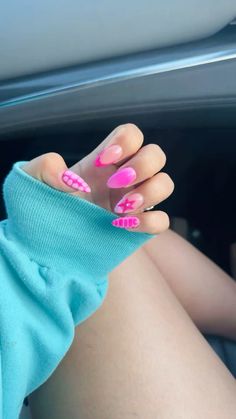 #fyp #pink #nails #summer #inspiration #almond #aura #snake #french #stars #pink #nailinspo💅🏻 Diy Pink Nails, Summer Long Almond Nails, Fun Nail Designs Almond, Alomd Nails Cute Summer, Pink Nails With Leopard Print, Pink Aura Nails With Design, Short Almond Nail Inspo Summer, Almond Nails Designs Colorful, Pink Almond Acrylic Nails Designs