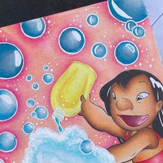 a drawing of a girl holding a yellow bottle in the air with bubbles around her