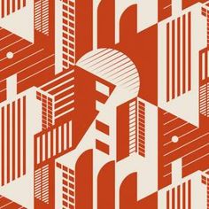 an abstract red and white pattern with buildings in the background that is made up of overlapping shapes