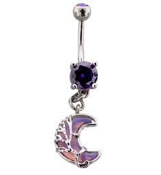 Belly button ring with a wire wrapped purple opalite crescent moon-shaped gem. Complete with a purple cz gem on top and bottom. Size 14G with a 3/8" (10mm). Pretty jewelry piece to add to your belly ring collection! Sold individually (1pc). Free shipping on all US orders of $20! Wire Moon, Cute Belly Rings, Gem Top, Belly Piercing Jewelry, Purple Opal, Belly Button Jewelry, Belly Piercing, Belly Button Ring, Belly Button Piercing