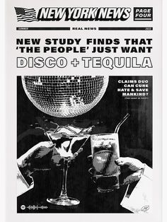 an advertisement for disco and tequila on the front cover of new york news, featuring two people