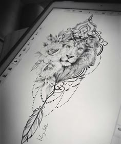 a drawing of a lion with flowers on it's head and an arrow in the middle