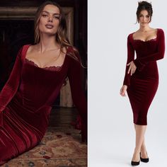 The Unspoken Elegance Of Our 'Solaine' Dress Makes You Feel Effortlessly Glamorous. It's Cut From Plush Stretch Velvet In A Deep Wine Hue And Fits Close Through The Body, Enhanced By The Fully Corseted Bodice For A Waist Cinching Effect. Just Love The Pretty Lace Trim To The Neckline And The Semi Sheer Mesh Sides For A Little Daring. The Long Sleeves And Midi Hem Are Ultra Flattering And 'Solaine' Is Fully Lined For A Smooth, Seamless Finish. It Zips Up The Back For Easy On. Where To Wear: Roman Velvet Corset Dress, Winter Cocktail Dress, Long Sleeve Holiday Dress, Champagne Bars, Red Corset Dress, Burgundy Bodycon Dress, Deep Red Dress, Long Summer Dresses Maxi, Velvet Corset