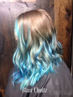 blue hair, lob, medium hair, mermaid hair, blue, blonde, vivid hair, creative color, loose waves Blonde Hair With Blue Highlights, Blonde And Blue Hair, Hair Lob, Blue Hair Highlights, Pastel Blue Hair, Vivid Hair, Blue Ombre Hair, Costume Noir, Dirty Blonde Hair