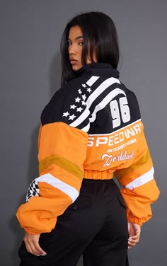 Add some extra streetwear style to your collection with this unreal jacket. Featuring an orange material with a cropped length, an oversized fit, a slogan print and a zip fastening, we are in love. Team with cargos, a cropped tee and fresh kicks to complete the look.   Length approx 38cm/15 (Based on a sample size S)   Model wears size S Orange Streetwear, Orange Jacket, Streetwear Style, Cropped Tee, Streetwear Outfit, Crop Jacket, S Models, Jacket Outfits