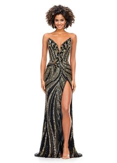 Ashley Lauren 11236 Long Fitted V Neck Slit Beaded Sequin Prom Dress Pageant Gown This strapless gown is sure to turn heads. The sweetheart neckline is complete with a modern floral sequin motif that continues down the bustier and skirt. The skirt is complete with a left leg slit. Strapless Bustier Left Leg Slit Fully Hand Beaded Bustier And Skirt, Sequin Ball Gown, Glitter Prom Dresses, Ashley Lauren, Pageant Gown, Sequin Prom Dress, Short Summer Dresses, Black Prom, Sequin Prom Dresses