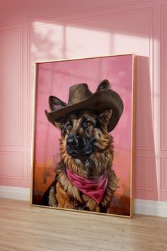 a painting of a dog wearing a cowboy hat and a pink bandana in front of a pink wall