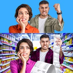 two people standing in front of a grocery store with one holding a receipt and the other looking surprised