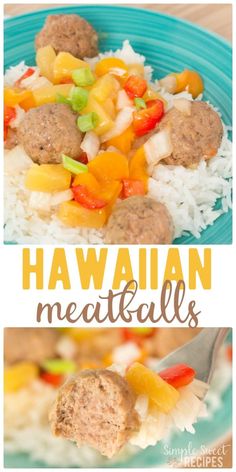 hawaiian meatballs with rice and vegetables on a blue plate next to the recipe title