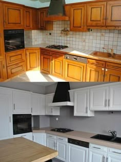 two pictures show the same kitchen in different rooms