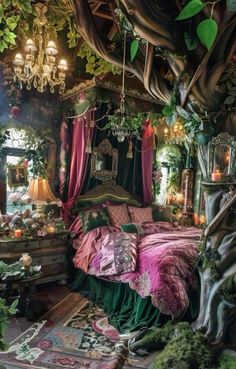 a bedroom decorated in green and pink with lots of greenery on the ceiling, bedding