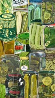 a painting of jars filled with pickles and cucumbers next to each other