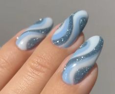 Short Nail Designs Blue Glitter, Cute Nail Designs Swirls, Swirl Blue Nails, Blue Glitter Swirl Nails, Multicolor Swirl Nails, Swirly Blue Nails, Blue And Green Swirl Nails, January Birthday Nail Ideas, Blue Disco Nails