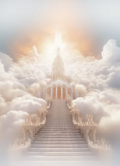 a stairway leading up into the sky with clouds surrounding it and an image of a building in the middle