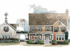 this is an artist's rendering of the front of a house with porches and windows