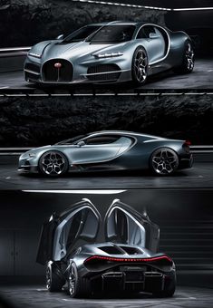 the bugatti concept car is shown in three different views