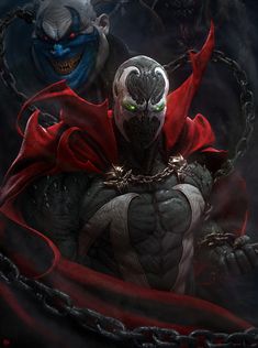 two evil men with chains around their necks and one wearing a red cape, the other in