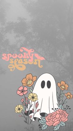 a ghost surrounded by flowers on a gray background with the words spooky ghost