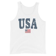 Gear up for summer holidays with our vintage style USA unisex tank -- great for men or women! Graphic is distressed for that instant vintage vibe. Youth sizes here: https://www.etsy.com/listing/1024874437/kids-usa-shirt-retro-usa-t-shirt-youth?ref=shop_home_active_2&pro=1&frs=1 Looking for more 4th of July gear? Check these out: https://www.etsy.com/shop/TheGraphicPeach?ref=seller-platform-mcnav§ion_id=33390667 Our shop uses direct-to-garment printing to make our products. The design ink Crew Neck Cotton Tank Top For 4th Of July, Casual American Flag Print Tank Top, Casual American Flag Print Sleeveless Tank Top, 4th Of July Cotton Tank Top With Letter Print, Vintage Tank T-shirt For Summer, American Flag Print Cotton Tank Top For Independence Day, 4th Of July American Flag Print Cotton Tank Top, Casual 4th Of July Tank Top With Letter Print, Casual 4th Of July Graphic Print Tank Top