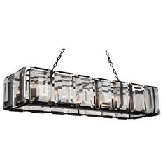 a rectangular chandelier hanging from a chain