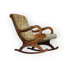 a wooden rocking chair with an upholstered seat and foot rest, on a white background