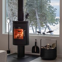 a fireplace in a living room next to a window with birds on the windowsill