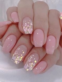 Pink Sparkly Nail Designs, Square Oval Nails Design, Soft Pink Nails With Glitter, Tea Party Nails, Sleeping Beauty Nails, Pink Glam Nails, Square Oval Nails, Vibrant Nails