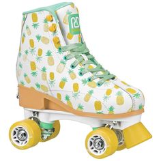 a pair of roller skates with pineapple print