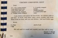 the menu for chicken corn - rivel soup is shown in black and white stripes