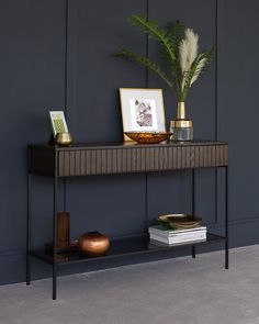 a black console table with a potted plant next to it and pictures on the wall