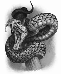 a black and white drawing of a snake on a pole with its mouth open, it's tongue out