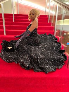 Ball Dresses Black Women, Black Masquerade Dress Sweet 16, Black Prom Dress With Black Gloves, Big Prom Dresses Ball Gowns, Black Prom Dress With Gloves Classy, Black Elegant Prom Dress With Gloves, Black Rhinestone Dress For Prom Season, Proms Dress, Masquerade Prom Dress