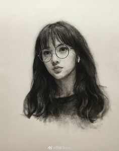 a pencil drawing of a woman with glasses on her face and long hair, looking to the side