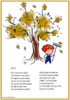 a child is holding a tree with leaves on it and the words in english are written below