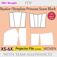 the pattern for buster's princess seam block is shown in three different sizes and colors