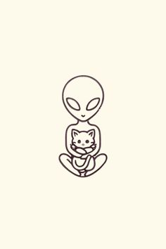 an alien is holding a cat in its arms and sitting on the ground with his eyes closed