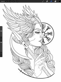 Valkyrie And Raven Tattoo, Valkyrie Art Drawings, Viking Drawing Sketches, Viking Valkyrie Tattoo Design, Viking Art Drawing, Valkyrie Drawing, Valkyrie Illustration, Art Drawings Dark, Drawing Sketches Tattoo