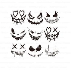 halloween faces with different expressions and designs on the face, all drawn in black ink