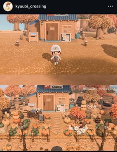 two screens showing the same scene in animal crossing, one with a small house and another with pumpkins